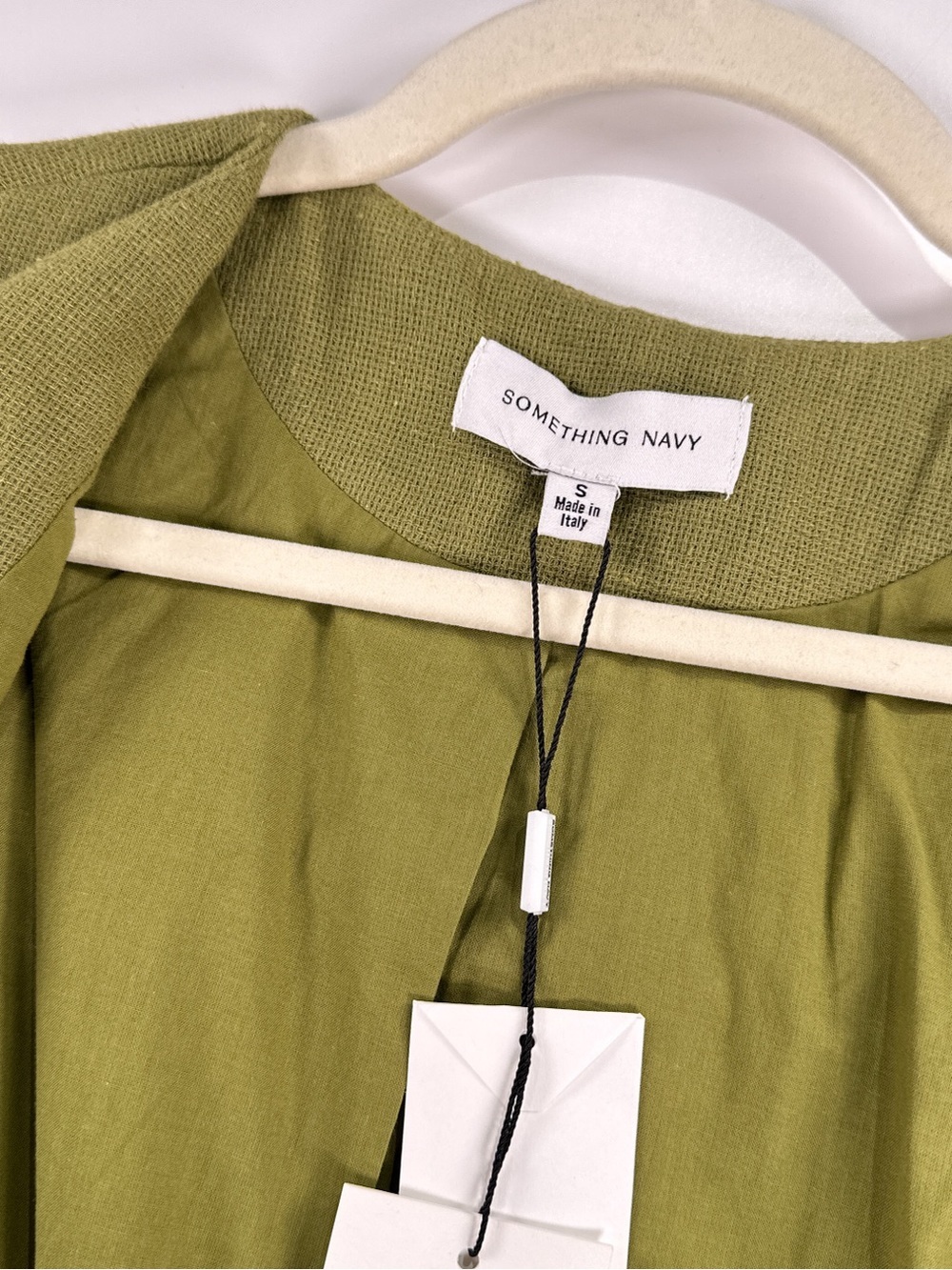 Something Navy Puff Shoulder Blazer Raw Hem Linen Cotton Blend Green Small - Picture 8 of 14
